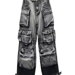 Y2K Aesthetic Ash Storm Cargo Jeans for Trendy Grunge Style