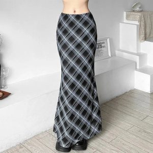 Y2K Aesthetic Black and Blue Plaid Maxi Skirt for Trendy Outfits