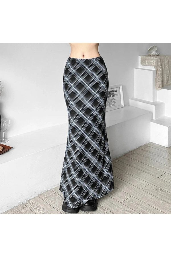 Y2K Aesthetic Black and Blue Plaid Maxi Skirt for Trendy Outfits