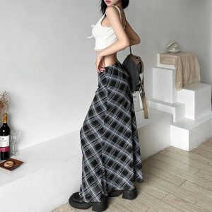 Y2K Aesthetic Black and Blue Plaid Maxi Skirt for Trendy Outfits