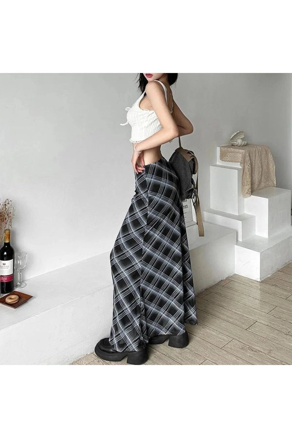 Y2K Aesthetic Black and Blue Plaid Maxi Skirt for Trendy Outfits