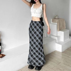 Y2K Aesthetic Black and Blue Plaid Maxi Skirt for Trendy Outfits