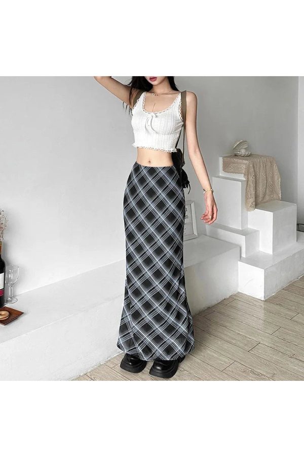 Y2K Aesthetic Black and Blue Plaid Maxi Skirt for Trendy Outfits