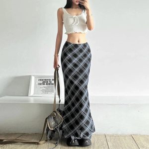 Y2K Aesthetic Black and Blue Plaid Maxi Skirt for Trendy Outfits