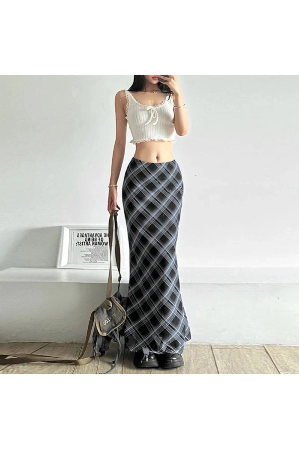 Y2K Aesthetic Black and Blue Plaid Maxi Skirt for Trendy Outfits