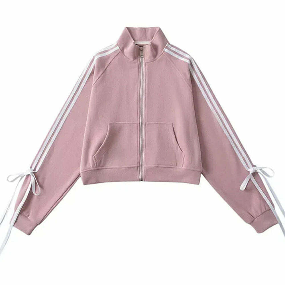 Y2K Aesthetic Blokette Bows Side Stripe Zip Up Hoodie for Cute Outfits