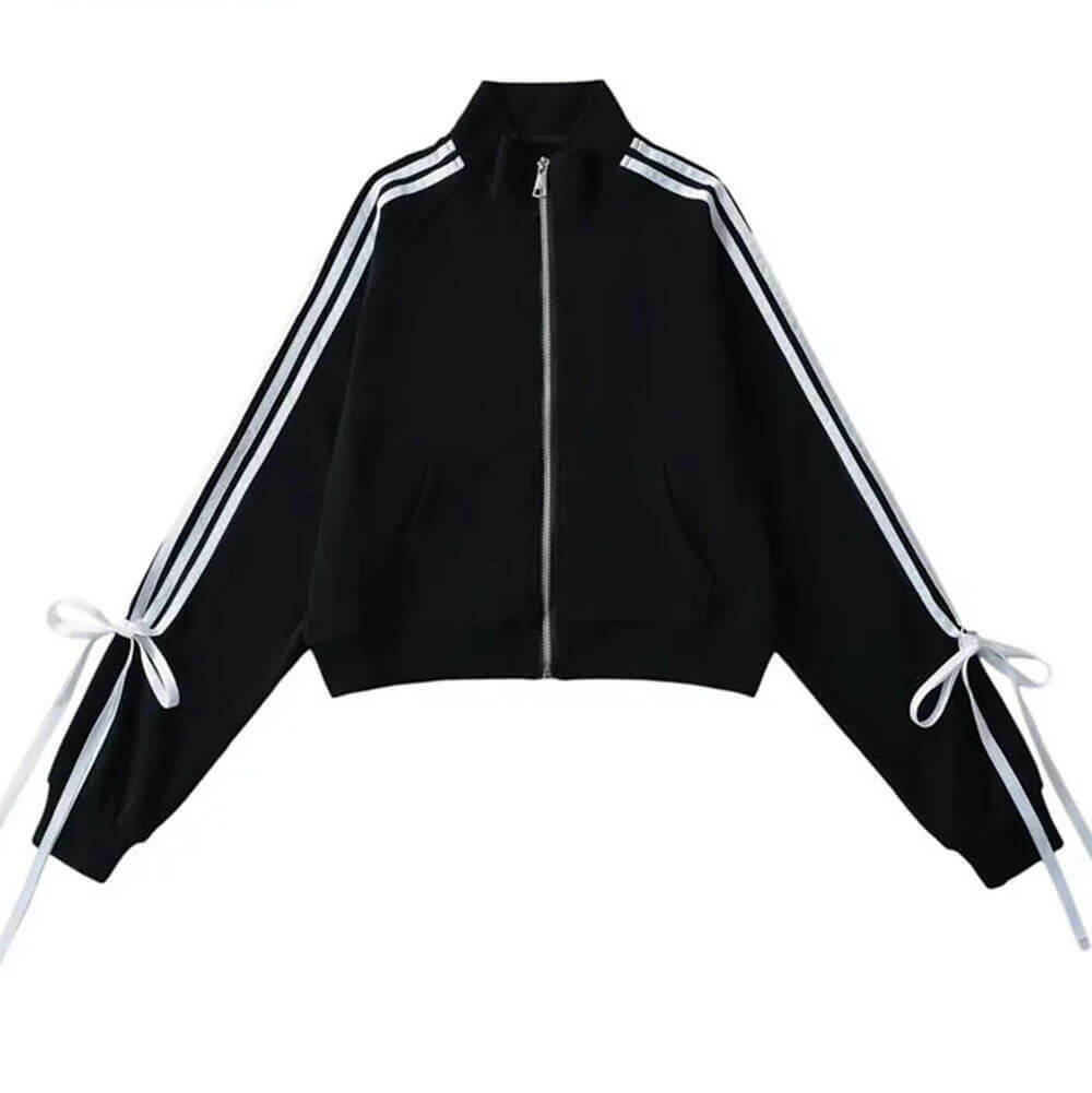 Y2K Aesthetic Blokette Bows Side Stripe Zip Up Hoodie for Cute Outfits