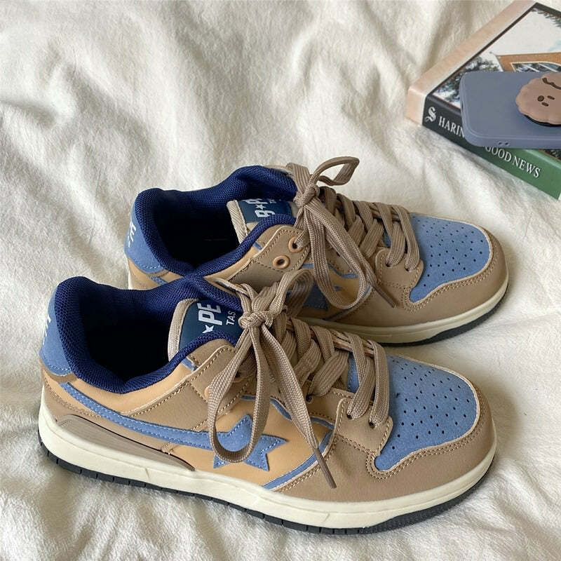 Y2K Aesthetic Brown & Blue Shooting Star Sneakers for Trendy Outfits