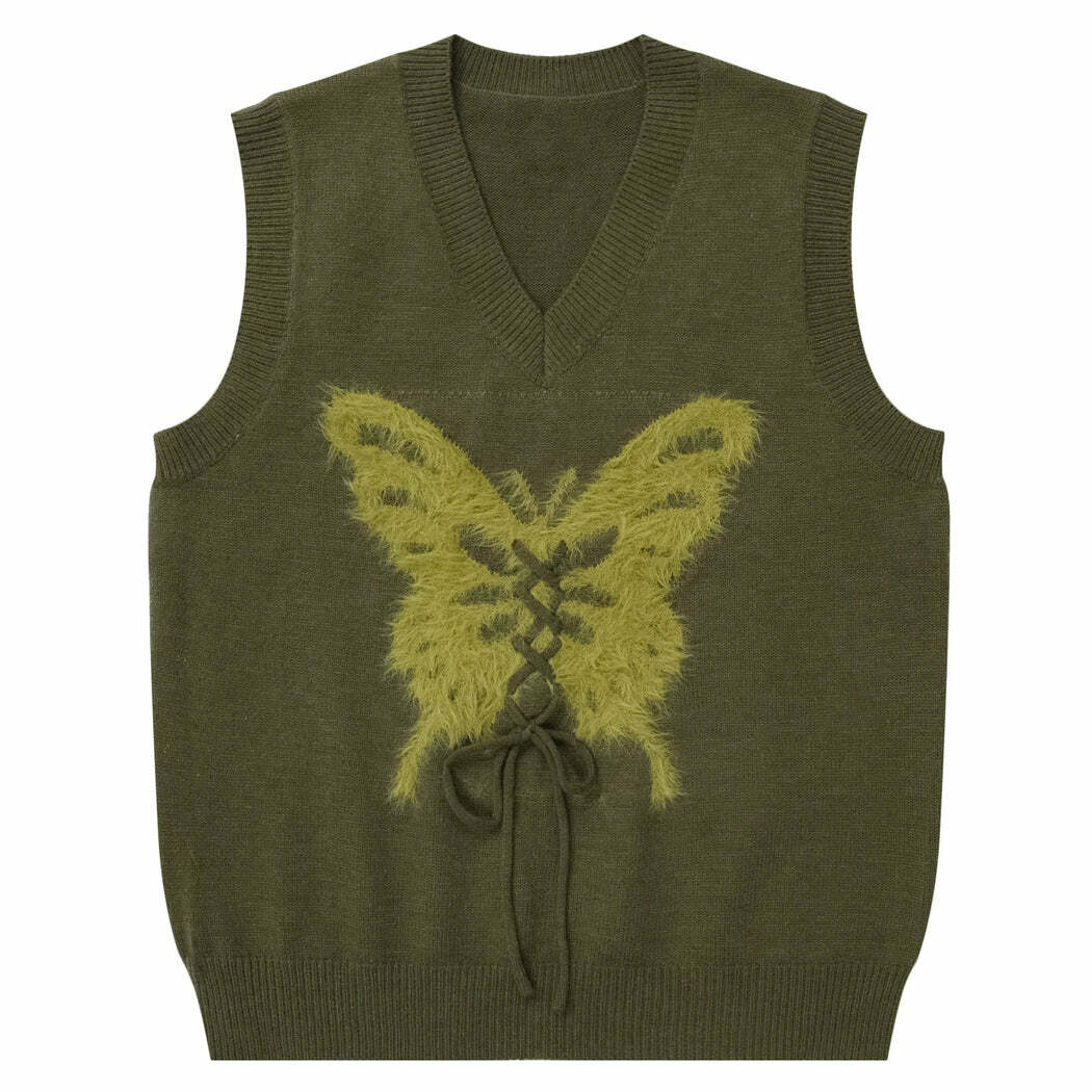 Y2K Aesthetic Butterfly Knit Vest in Green - Cute Layering Essential