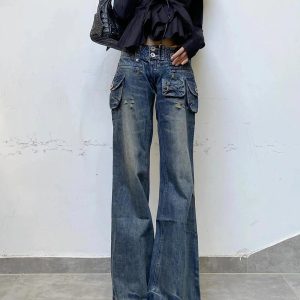 Y2K Aesthetic Cargo Chic Wide-Leg Jeans for Trendy Outfits