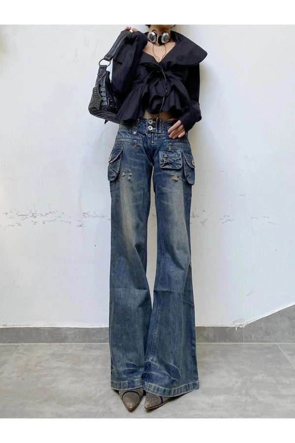 Y2K Aesthetic Cargo Chic Wide-Leg Jeans for Trendy Outfits