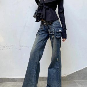 Y2K Aesthetic Cargo Chic Wide-Leg Jeans for Trendy Outfits