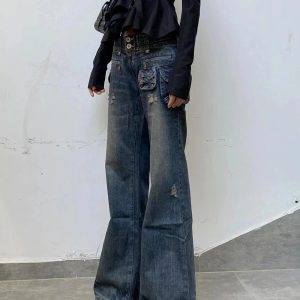 Y2K Aesthetic Cargo Chic Wide-Leg Jeans for Trendy Outfits