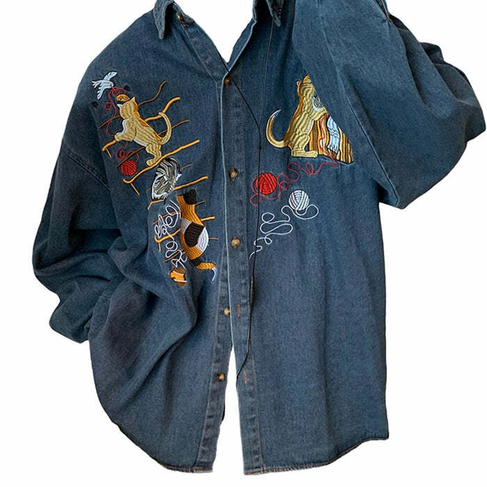 Y2K Aesthetic Cat Embroidery Vintage Denim Shirt for Cute Outfits