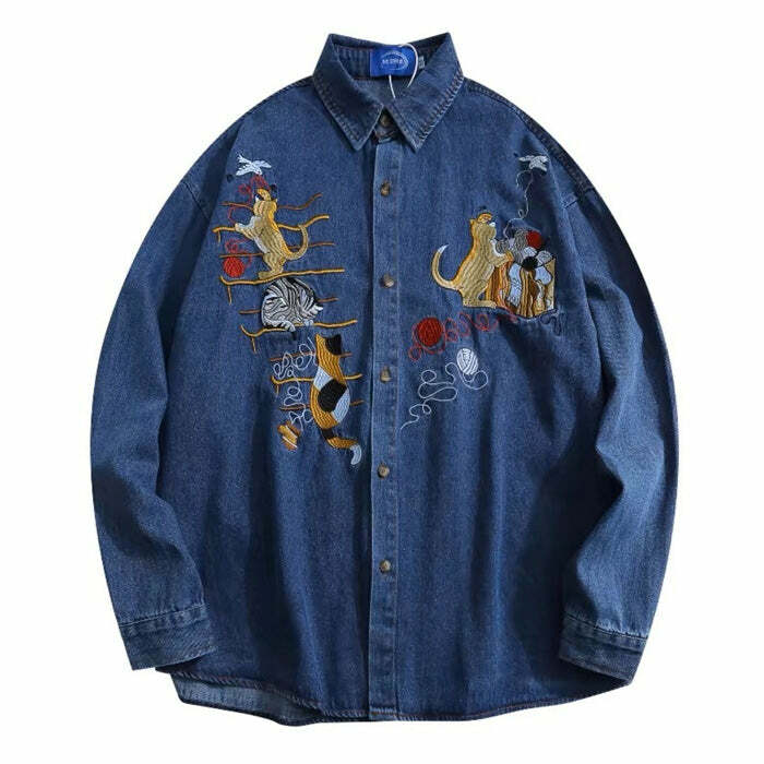 Y2K Aesthetic Cat Embroidery Vintage Denim Shirt for Cute Outfits