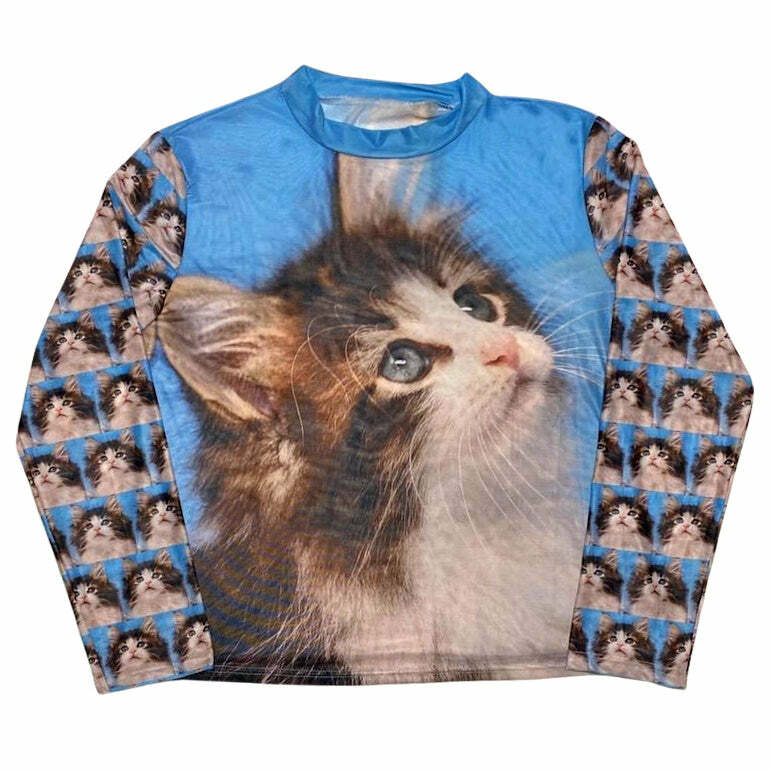 Y2K Aesthetic Cats Everywhere Graphic Long Sleeve Tee for Cute Outfits