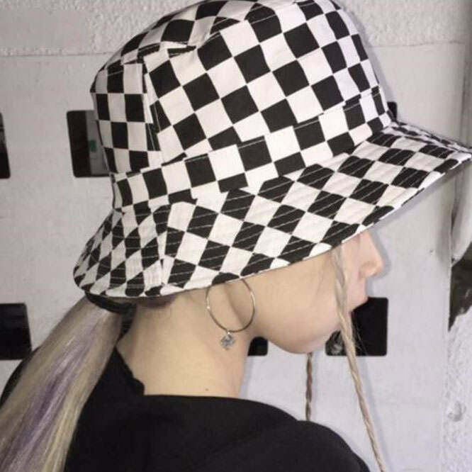 Y2K Aesthetic Checker Bucket Hat for Trendy Coquette and Grunge Styles