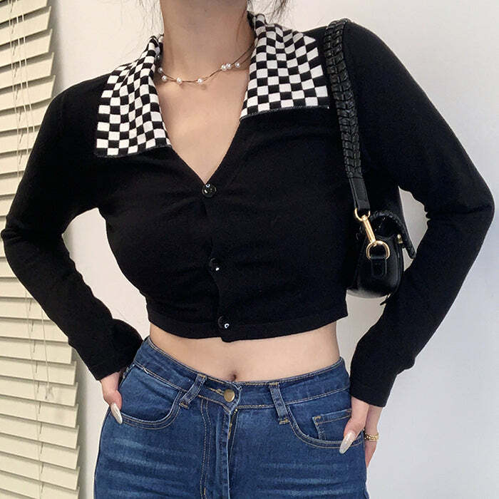 Y2K Aesthetic Checkerboard Collar Top for Cute and Comfy Outfits