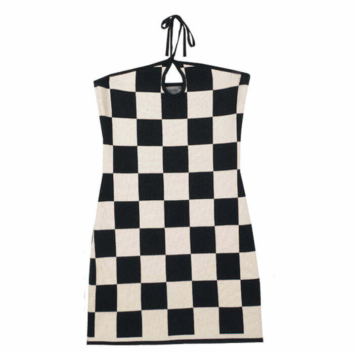 Y2K Aesthetic Checkered Knit Dress & Cardigan Set for Cute Outfits