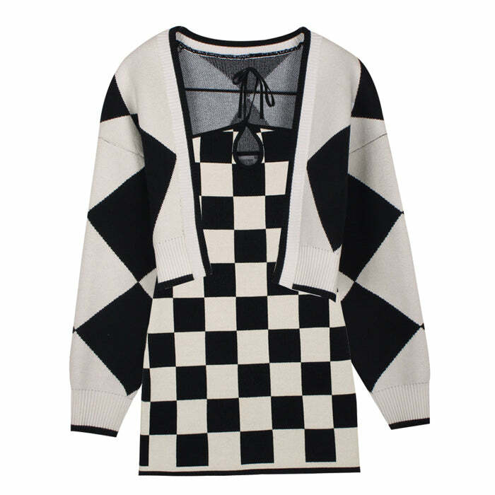 Y2K Aesthetic Checkered Knit Dress & Cardigan Set for Cute Outfits