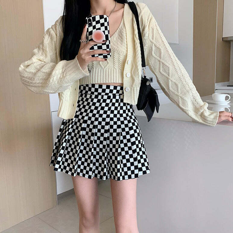 Y2K Aesthetic Checkered Print Pleated Skirt for Trendy Outfits