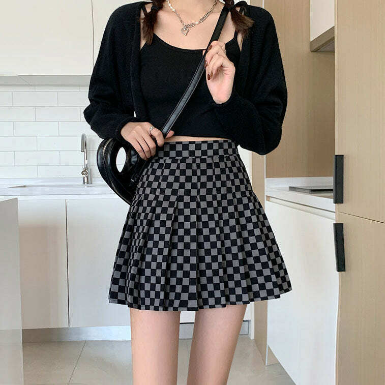 Y2K Aesthetic Checkered Print Pleated Skirt for Trendy Outfits