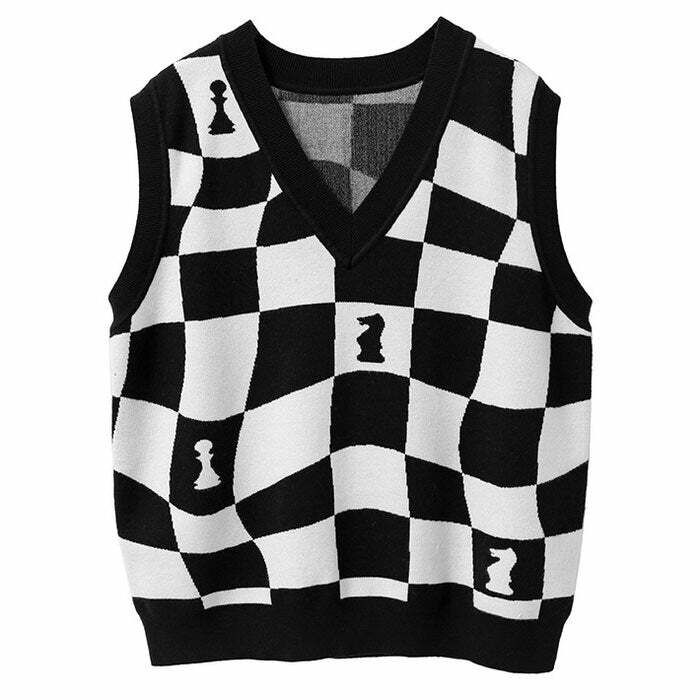 Y2K Aesthetic Chess Board Vest - Trendy Grunge Style Layering Piece