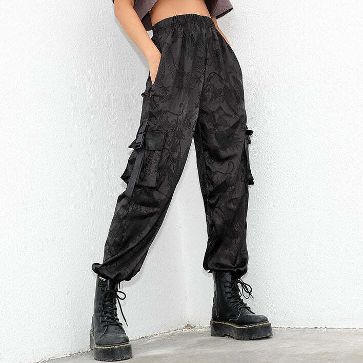 Y2K Aesthetic Chinese Dragon Cargo Pants for Trendy Grunge Style