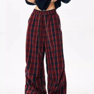 Y2K Aesthetic Classic Plaid Baggy Lounge Pants for Comfy Chic Style