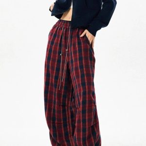 Y2K Aesthetic Classic Plaid Baggy Lounge Pants for Comfy Chic Style