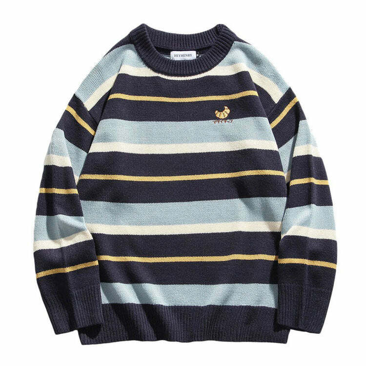 Y2K Aesthetic Croissant Embroidery Striped Pullover for Cute Outfits