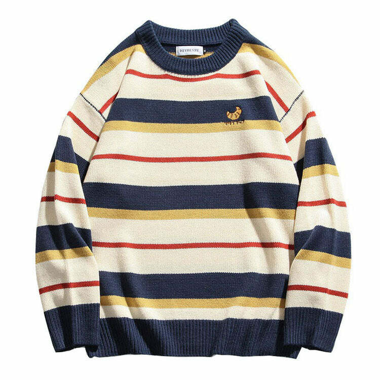 Y2K Aesthetic Croissant Embroidery Striped Pullover for Cute Outfits