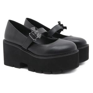 Y2K Aesthetic Dark Bat Charm Chunky Shoes for Grunge and Coquette Style