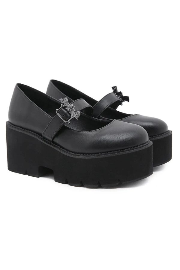 Y2K Aesthetic Dark Bat Charm Chunky Shoes for Grunge and Coquette Style