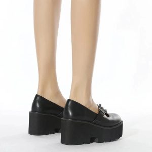 Y2K Aesthetic Dark Bat Charm Chunky Shoes for Grunge and Coquette Style