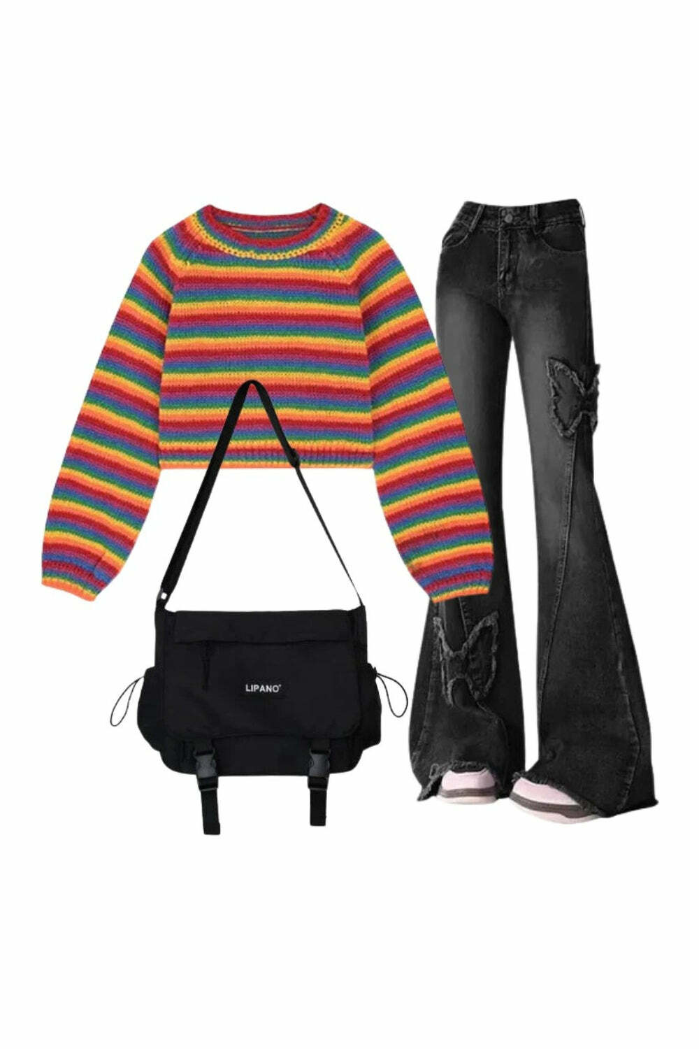 Y2K Aesthetic Dark Butterfly Flare Jeans & Rainbow Stripes Cropped Sweater