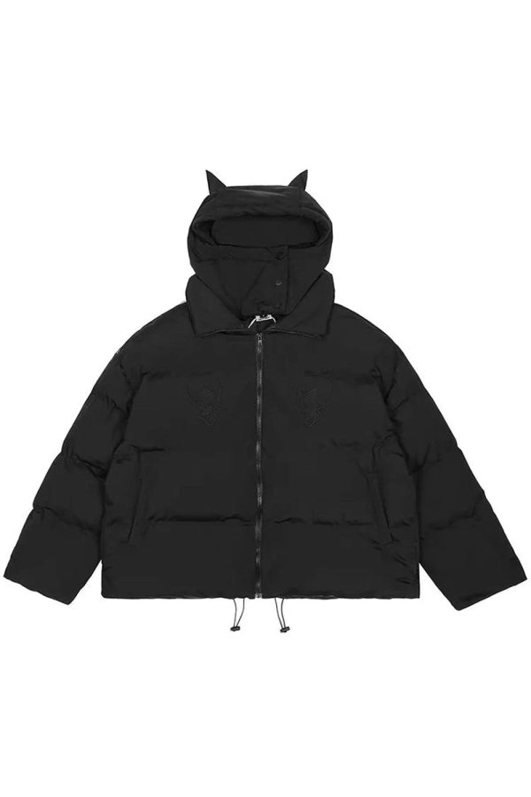 Y2K Aesthetic Dark Horned Puffer Jacket for Grunge and Coquette Styles