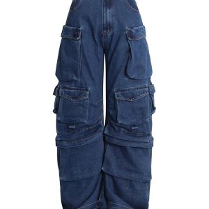 Y2K Aesthetic Deep Sea Cargo Denim Pants for Trendy Outfits