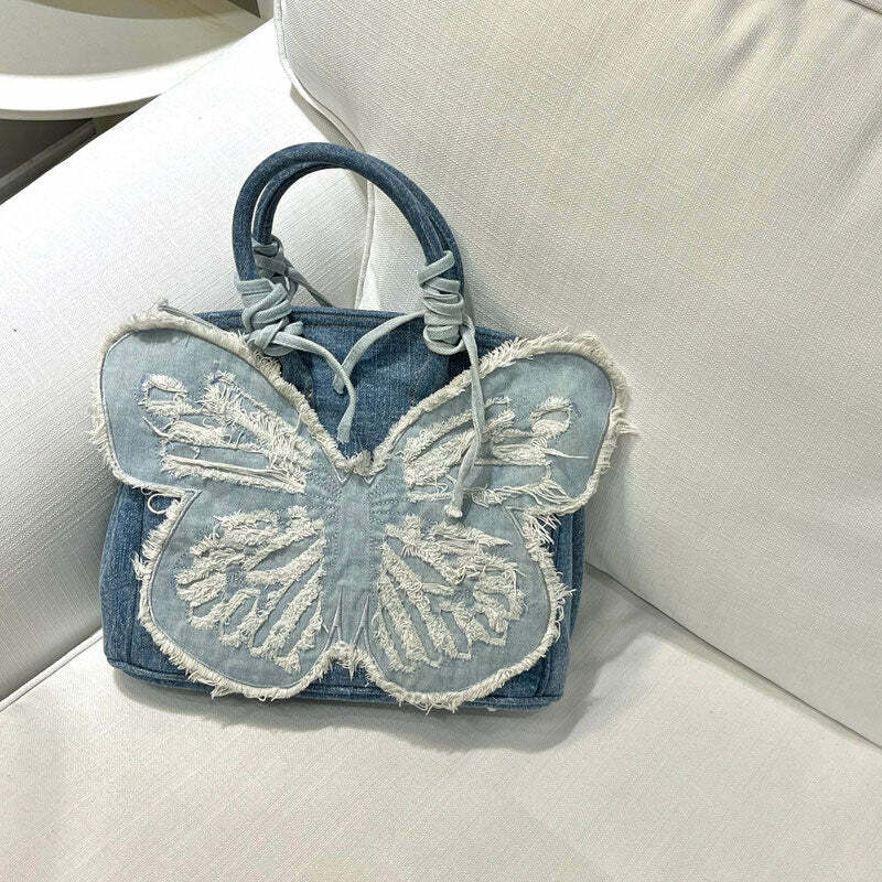 Y2K Aesthetic Denim Butterfly Handbag for Coquette and Grunge Styles