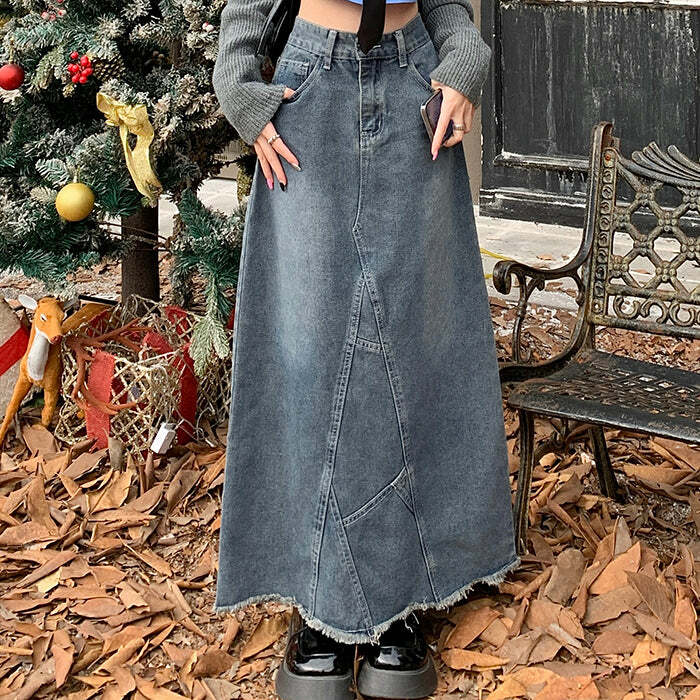 Y2K Aesthetic Denim Long Skirt for Cute and Comfy Outfits