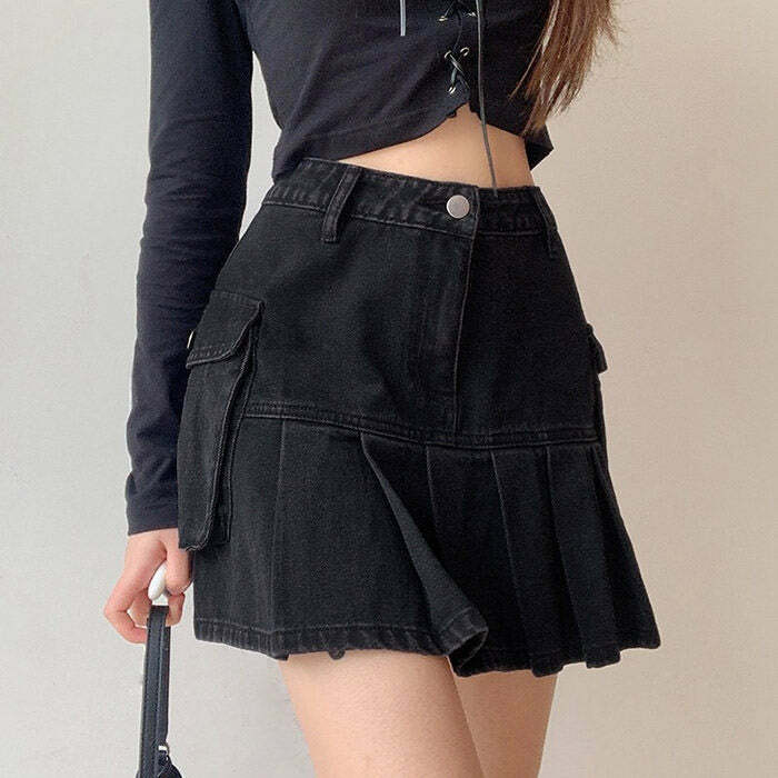 Y2K Aesthetic Denim Skirt for Preppy and Grunge Style Outfits