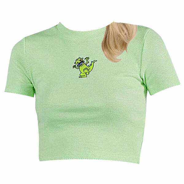 Y2K Aesthetic Dino Ribbed Tee - Cute Top for Grunge and Coquette Styles