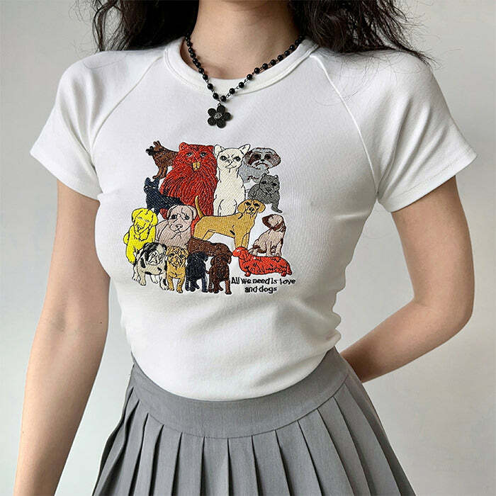 Y2K Aesthetic Dogs Embroidery Graphic Tee - Cute & Comfy Top