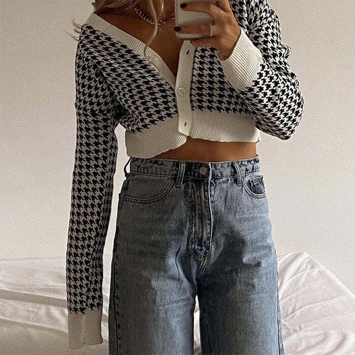 Y2K Aesthetic Dogtooth Check Crop Cardigan for Cute Outfits