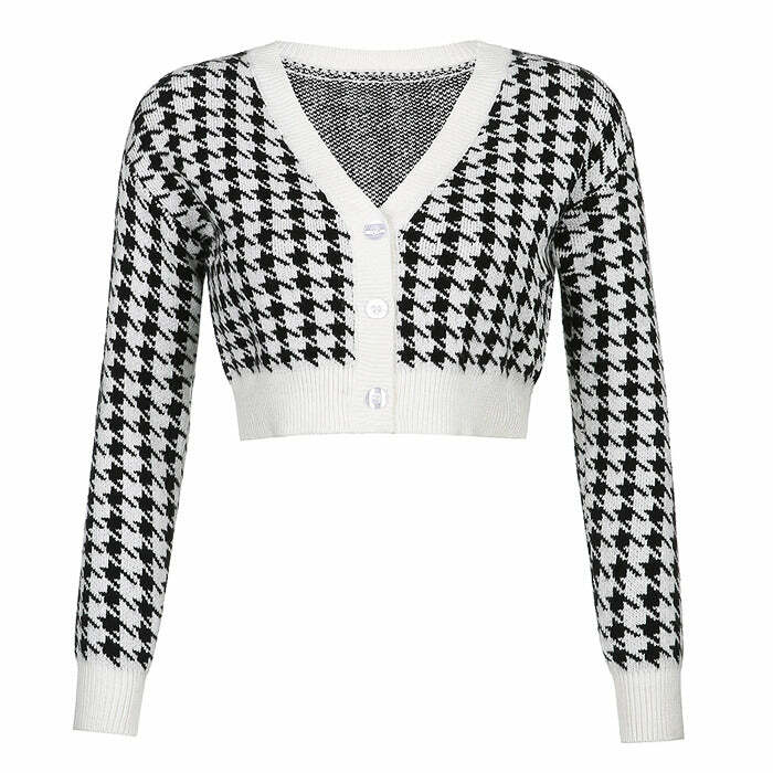 Y2K Aesthetic Dogtooth Check Crop Cardigan for Cute Outfits