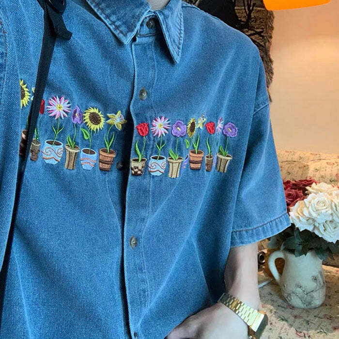 Y2K Aesthetic Embroidered Denim Shirt with Cute Plants & Pots Design