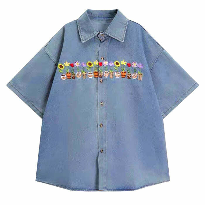 Y2K Aesthetic Embroidered Denim Shirt with Cute Plants & Pots Design