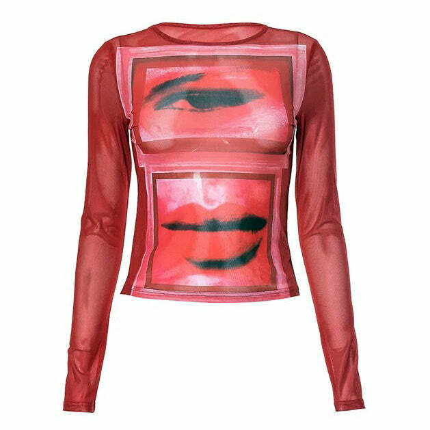 Y2K Aesthetic Eye & Lips Print Mesh Top in Bold Red for Trendy Looks