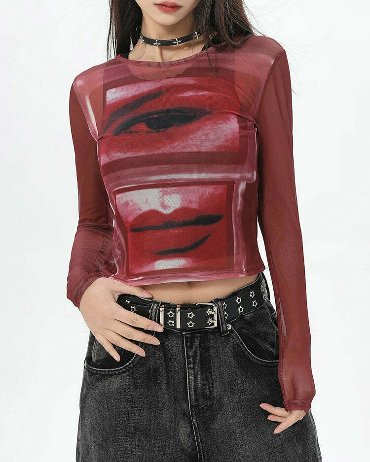 Y2K Aesthetic Eye & Lips Print Mesh Top in Bold Red for Trendy Looks