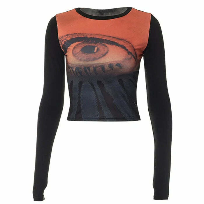 Y2K Aesthetic Eye Print Mesh Top for Cute Grunge and Coquette Outfits